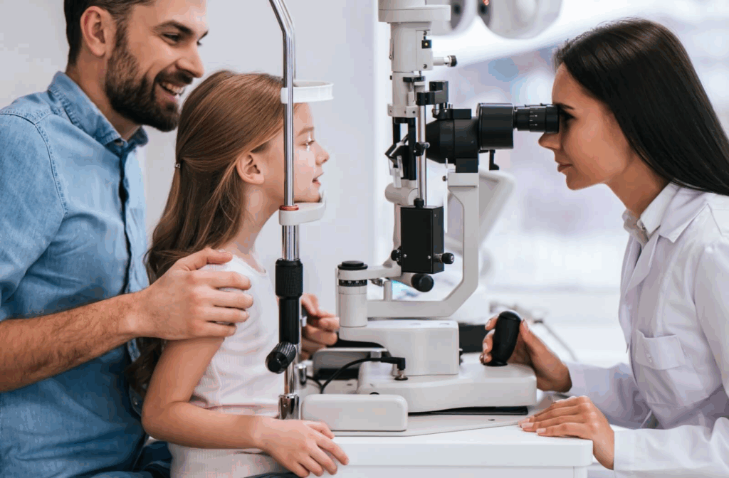 A child sits at an eye exam machine while an adult sits beside them and an optometrist looks through the device.