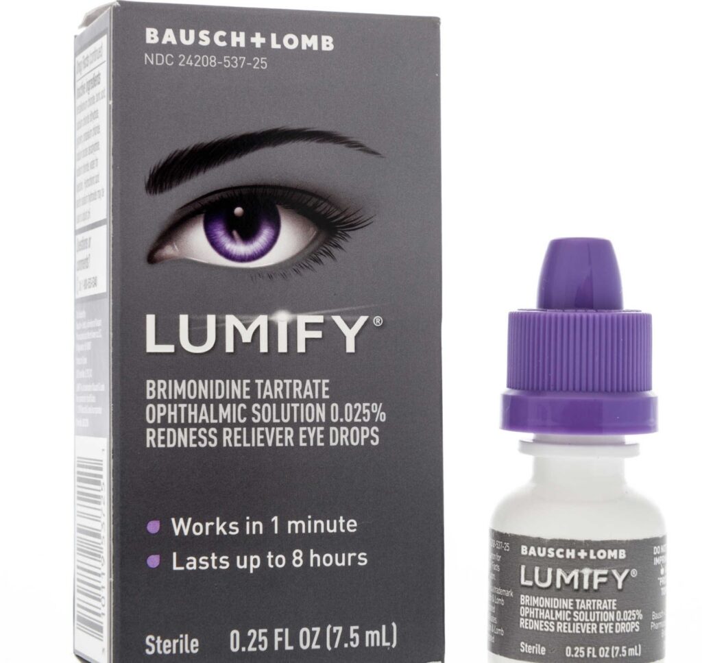 Lumify eye drops with the commercial packaging box and bottle placed next to it.
