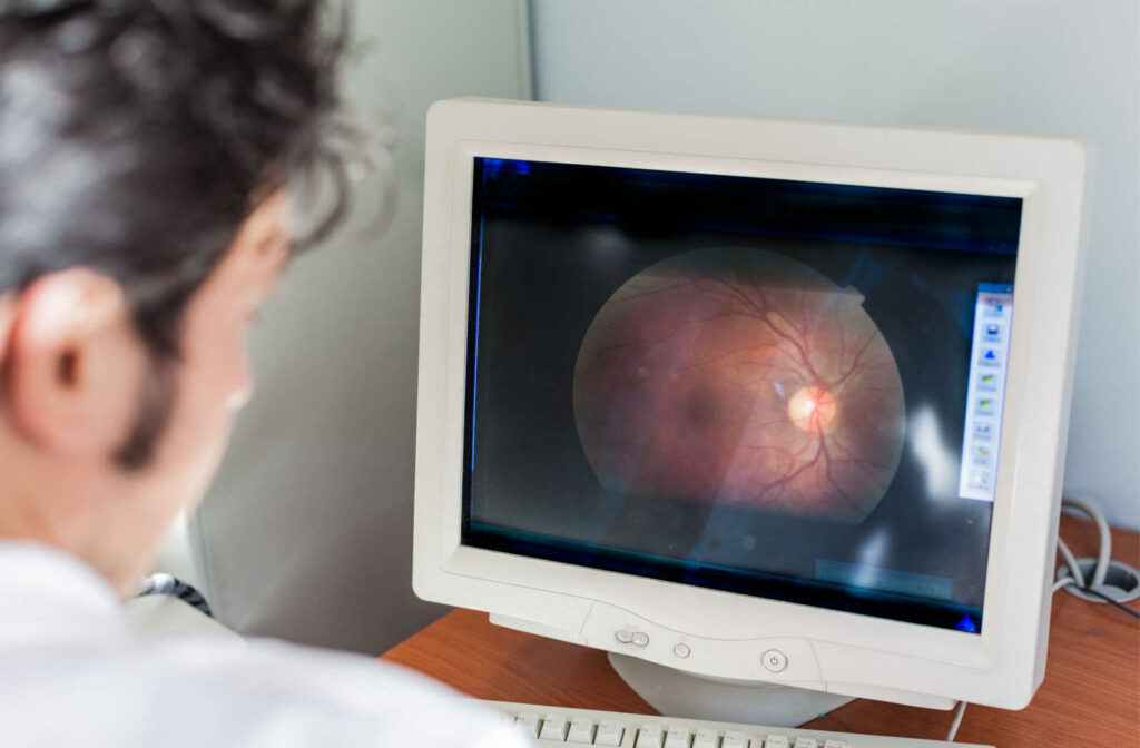 An eye doctor looking at an optos retinal image on a monitor screen.