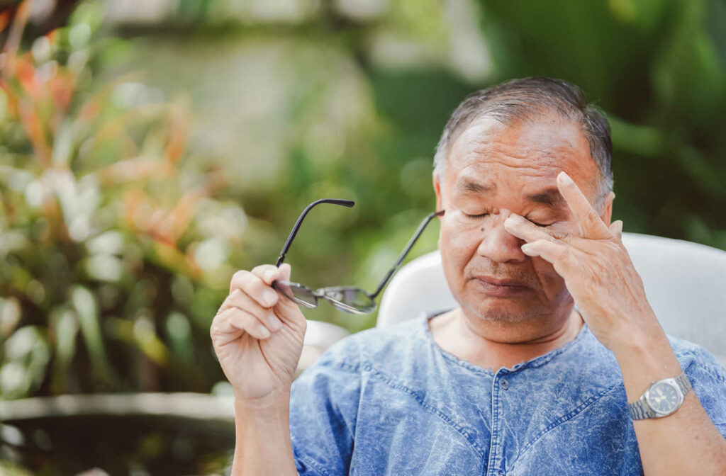 A senior man sitting outside and holding his glasses in his right hand as he rubs his left eye using his left hand.
