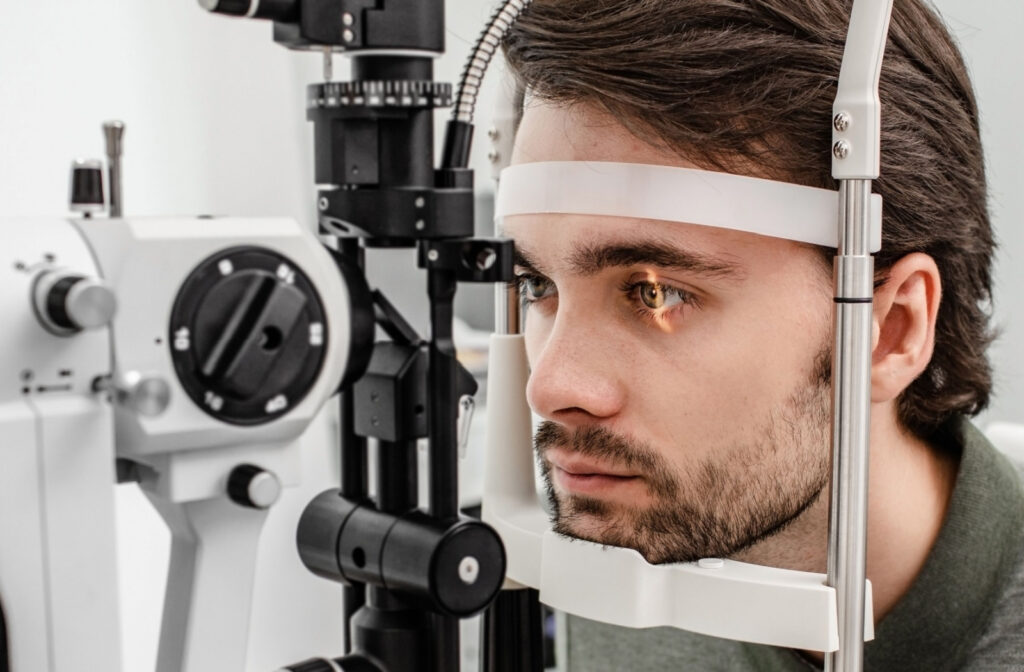 Close-up of a man undergoing a slit-lamp exam