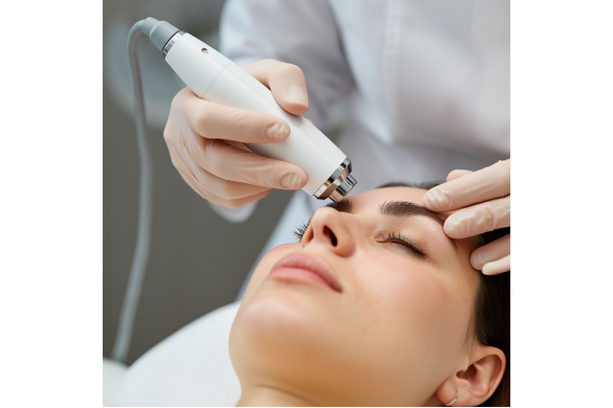 Optometrist performing precision light therapy treatment on patient's eyelid area using handheld IPL device, demonstrating professional dry eye treatment for meibomian gland dysfunction and inflammation reduction.
