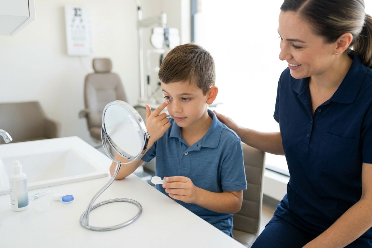 A young boy inserts a contact lens while looking in a mirror at an optometry office, as a smiling eye-care professional in navy scrubs supports him.