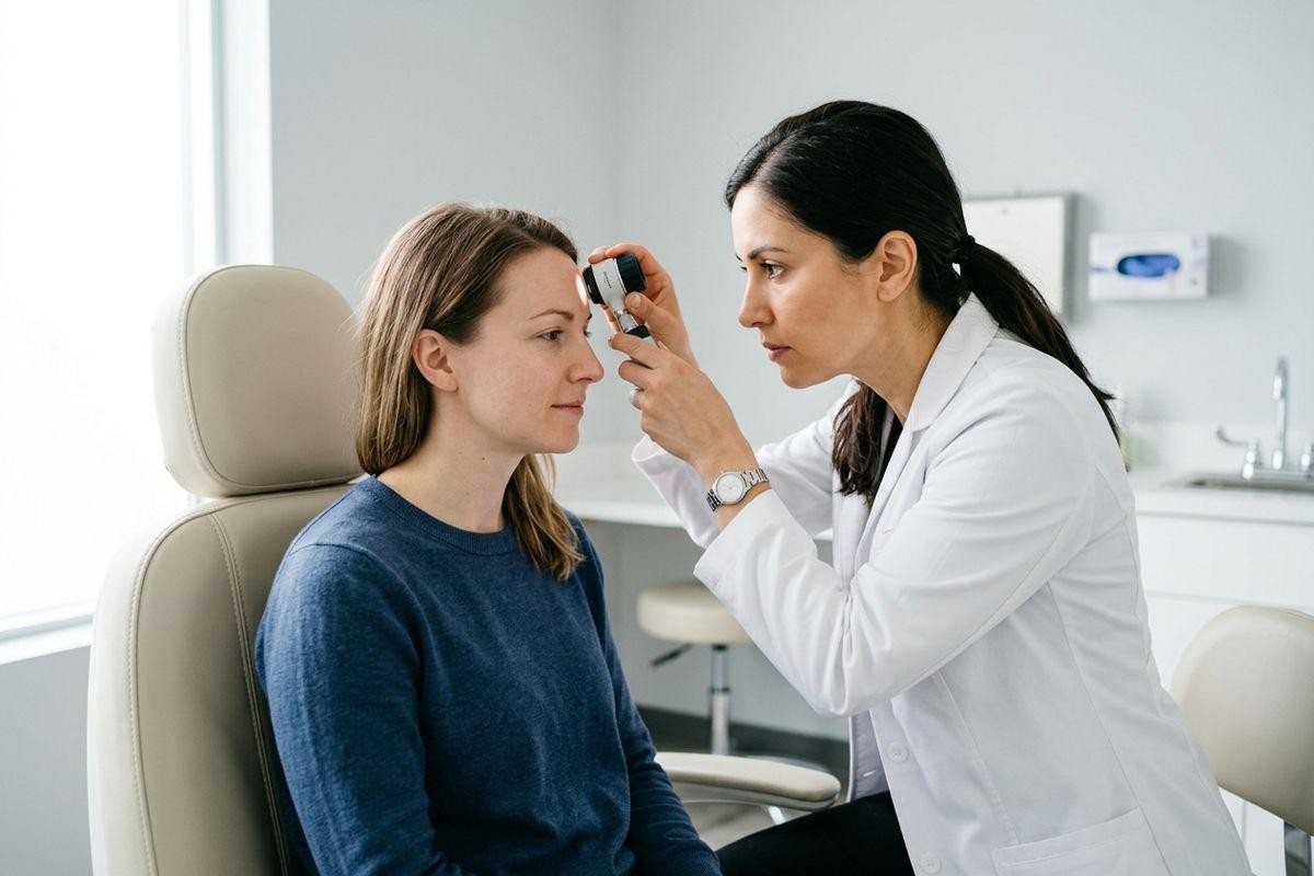 Optometrist using an ophthalmoscope to examine a seated patient's eye in a clinical exam room.