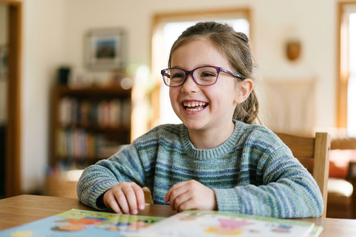 A young girl wearing purple glasses smiles brightly while sitting at a table with an open picture book, in a cozy room with bookshelves in the background.