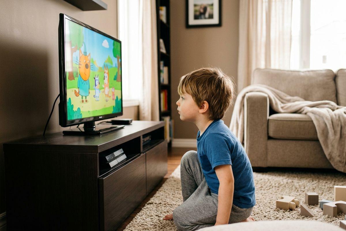 Child sitting on a rug watching a cartoon on a TV in a living room, with a couch and toy blocks nearby.