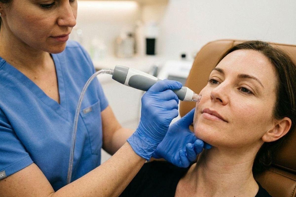 Clinician in blue scrubs and gloves uses a handheld device on the face of a reclining person in a clinic.