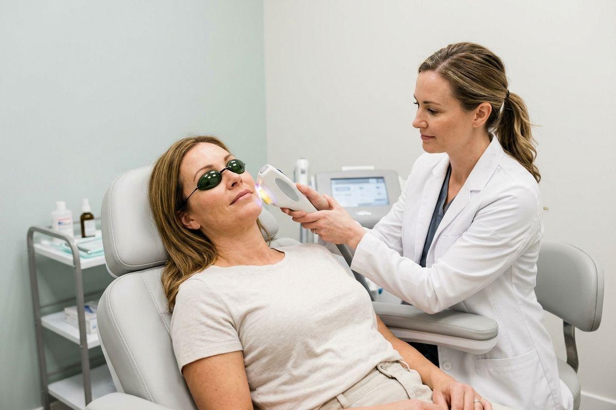 Clinician performs a laser skin treatment on the face of a reclining person wearing protective goggles in a clinic.