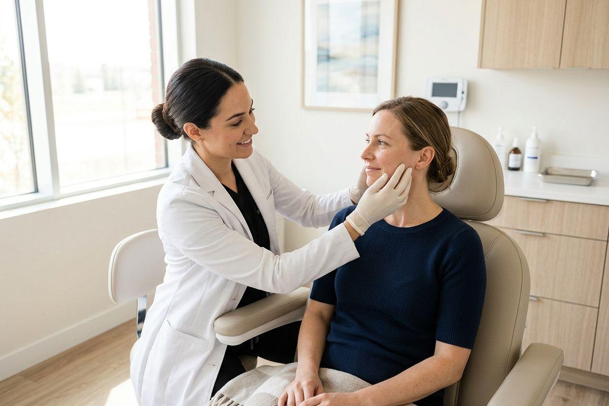 Dermatologist in gloves examines the face of a smiling patient seated in a treatment chair in a bright clinic.