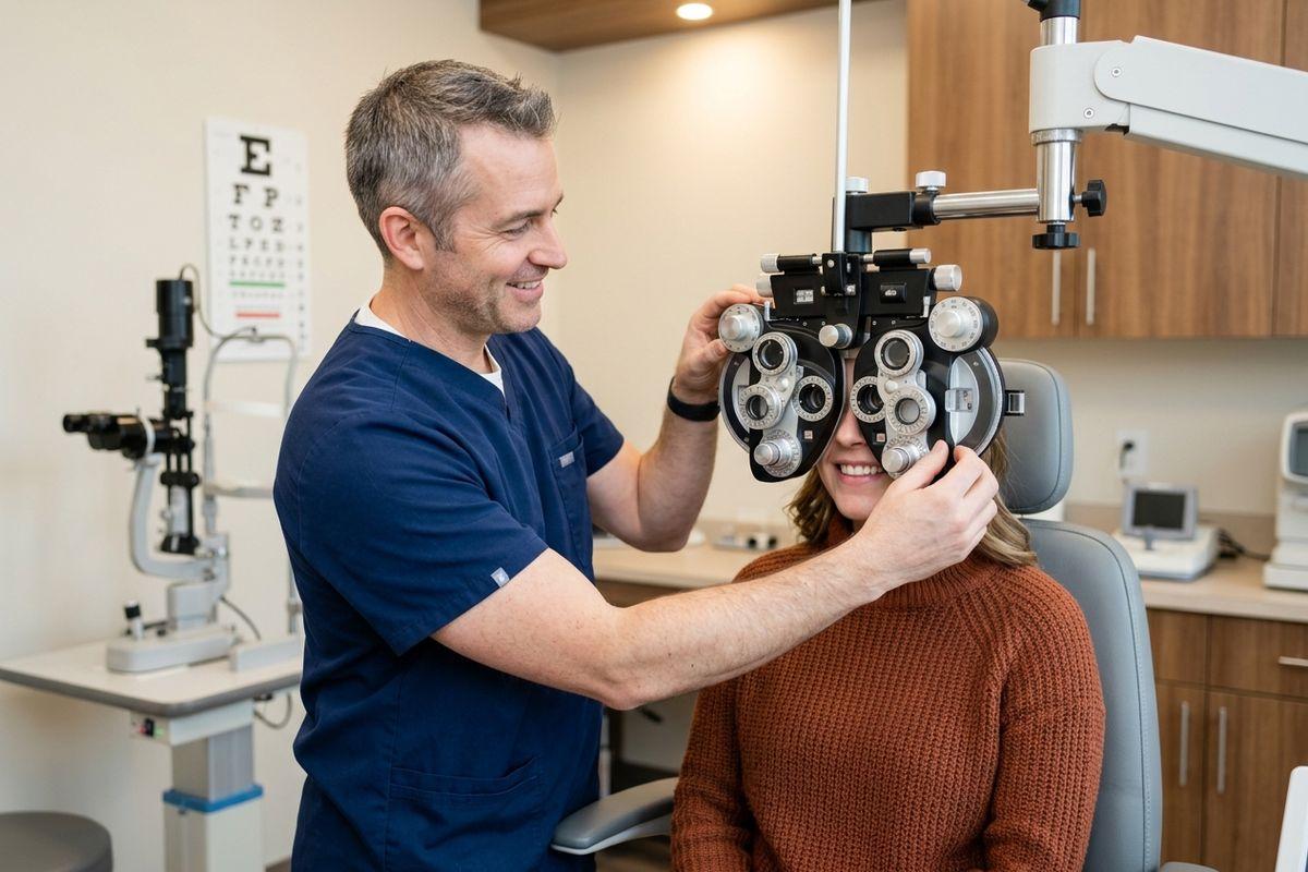 Optometrist adjusting a phoropter for a smiling patient during an eye exam, with an eye chart on the wall.