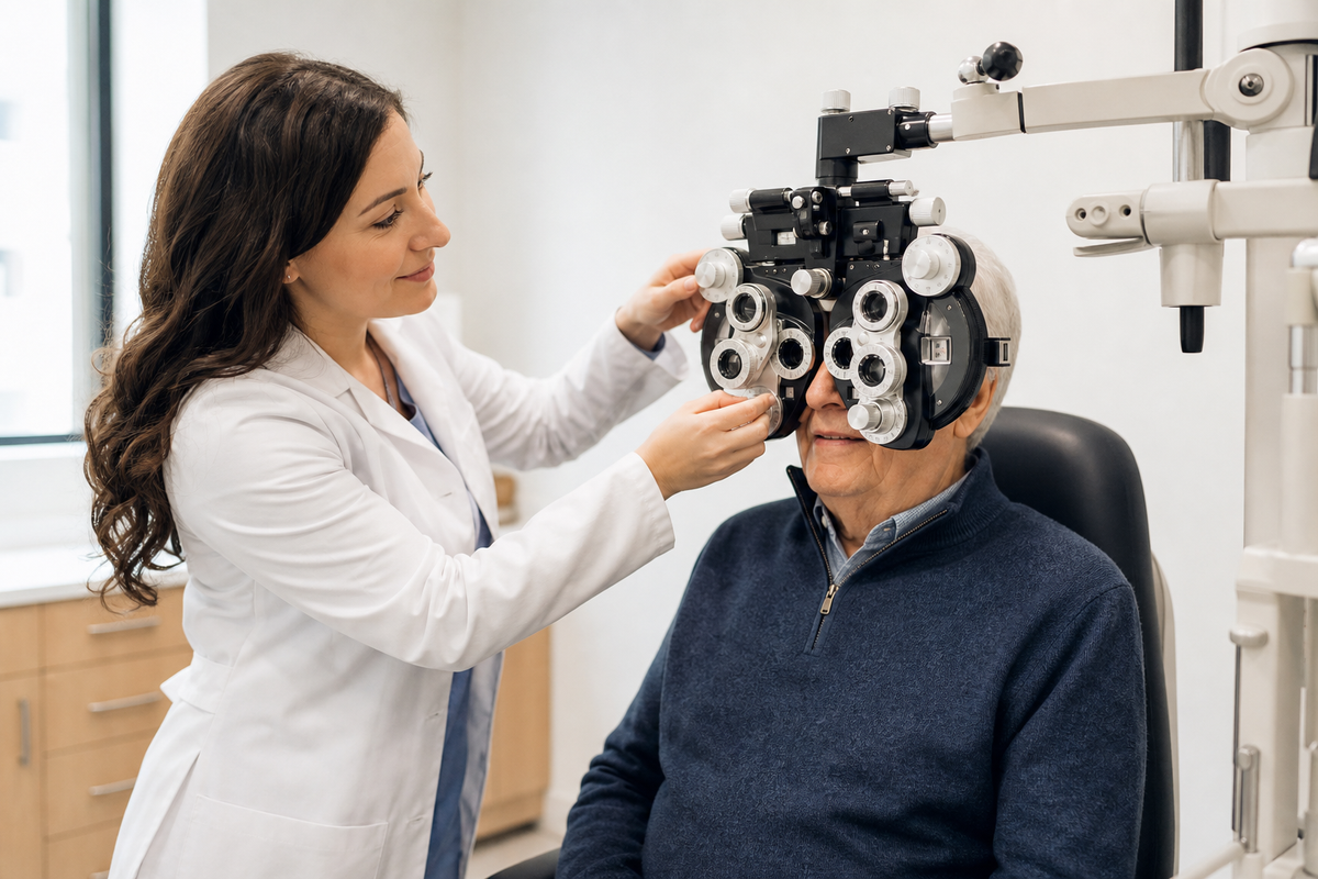 Optometrist adjusts a phoropter during an eye exam for an older adult seated in a clinic.