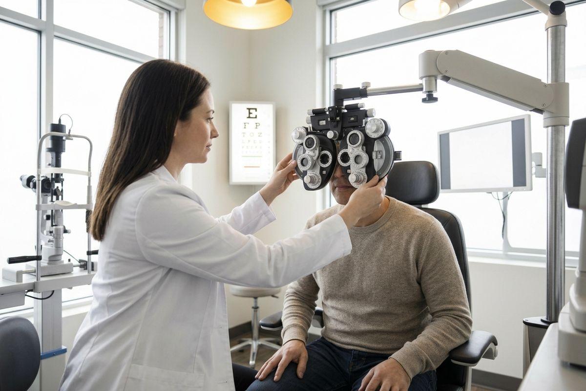 Optometrist adjusts a phoropter for a patient seated in an exam chair, with an eye chart on the wall behind.