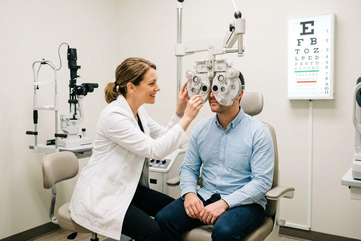 Optometrist adjusts a phoropter for a seated patient during an eye exam, with an eye chart on the wall.