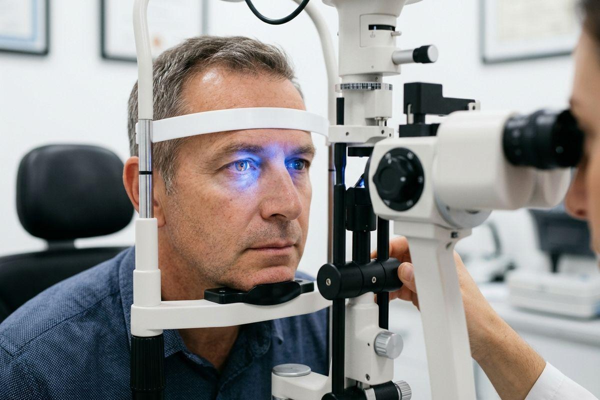 Optometrist examines a patient's eyes with a slit lamp casting blue light. The patient's chin is resting on the device.