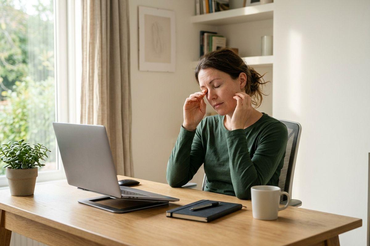Person at a desk with a laptop, eyes closed, rubbing their face with both hands.