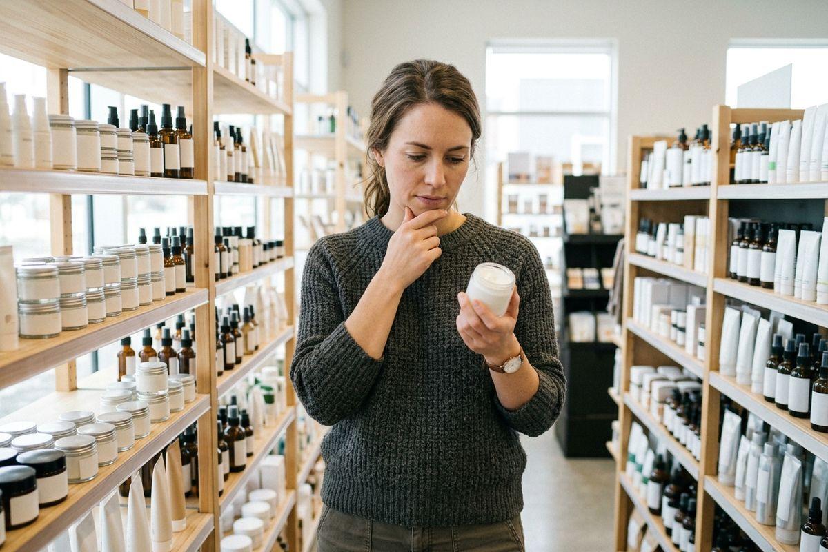Person in gray sweater examining a jar in a store aisle lined with shelves of bottles and containers.