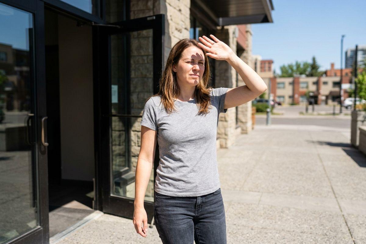 Person shielding eyes from bright sun with one hand while standing on a sidewalk outside a building.