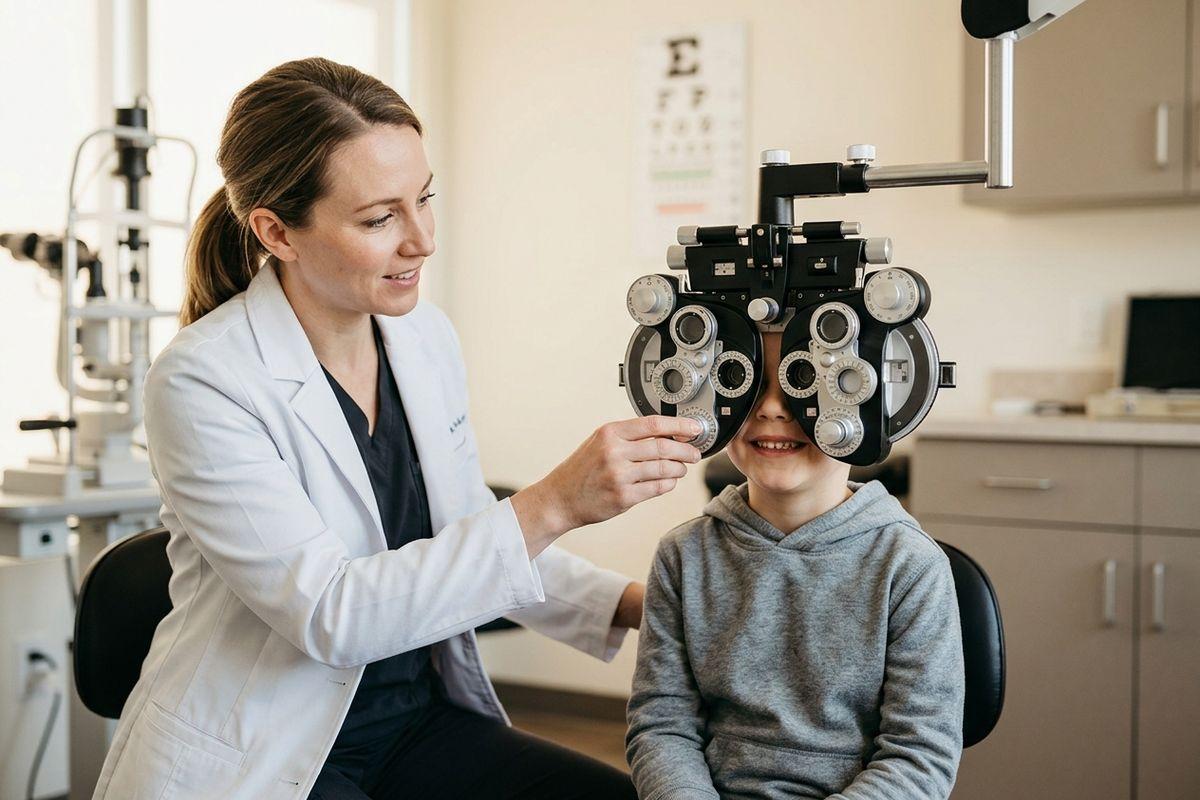 Optometrist adjusts a phoropter for a smiling child during an eye exam, with an eye chart on the wall behind.