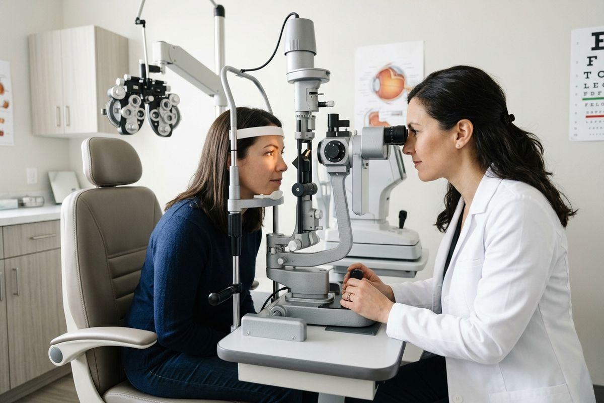 Optometrist examines a seated patient's eyes using a slit lamp in an exam room with an eye chart.