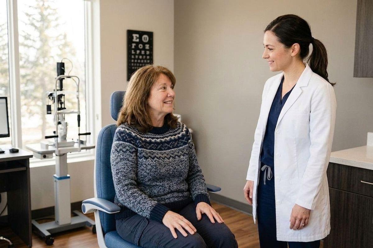 Optometrist talking with a smiling patient seated in an exam chair beside eye equipment and an eye chart.