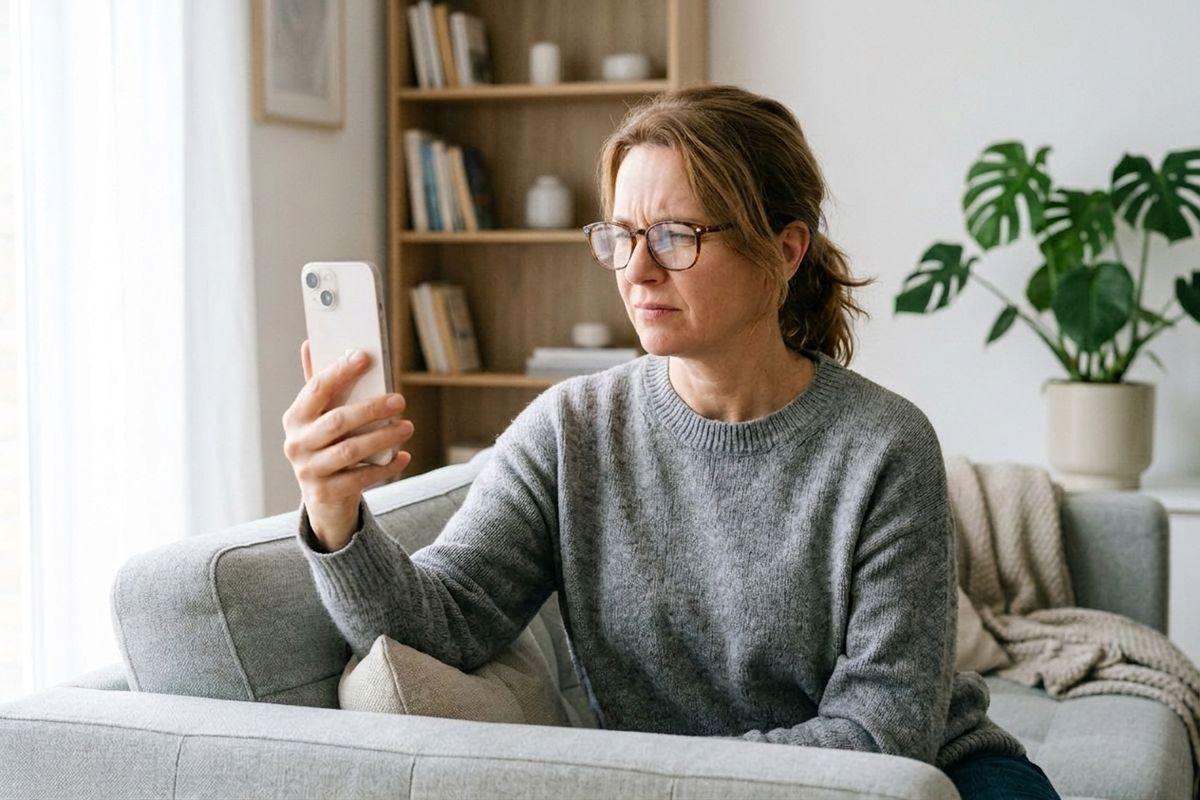 Person in glasses and gray sweater sitting on a couch, frowning at a smartphone held in hand.