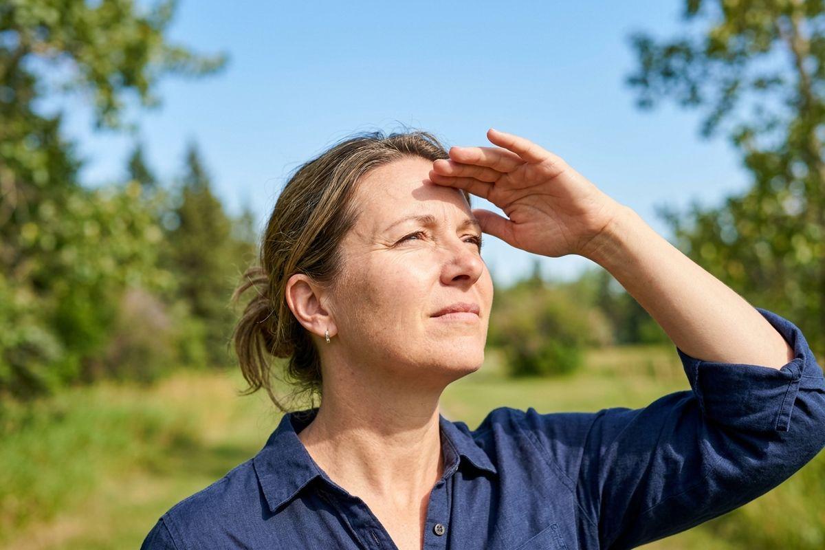 Person shielding eyes with hand, gazing into the distance outdoors among green trees under a blue sky.