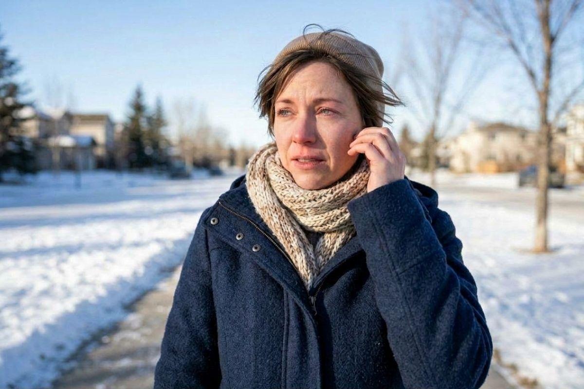 Tearful adult in a winter coat, knit hat, and scarf stands on a snowy residential sidewalk, one hand raised to their face.